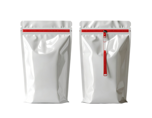 Two identical white plastic pouches, front and back view, with red zipper closures