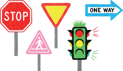 Traffic signs including stop, yield, pedestrian, traffic light, and one way arrow vector illustration for road safety and guidance