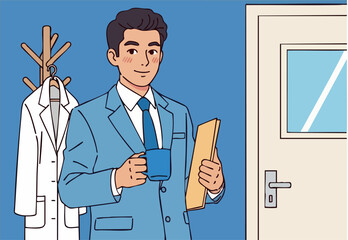 Businessman in blue suit holding coffee cup and folder standing near coat rack and door vector illustration