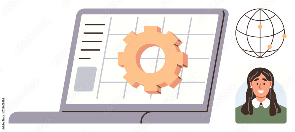 Poster laptop displaying gear on data grid, globe with connected points, smiling person. ideal for teamwork
