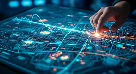 Naklejka premium Smart energy distribution concept. An operator's hand adjusts a slider that diverts power from a low-use to a high-use area on a city map hologram.