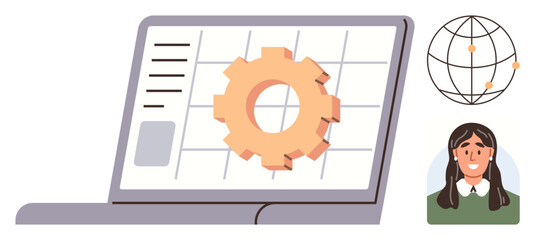 Laptop displaying gear on data grid, globe with connected points, smiling person. Ideal for teamwork, global communication, technology, automation, digital innovation, workflow online networking