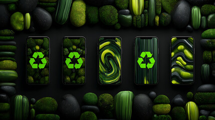 Smartphones displaying recycling symbols and abstract green patterns surrounded by moss-covered stones