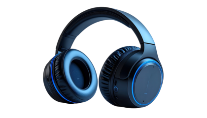 Over-ear headphones, dark gray/blue color scheme, with glowing accents
