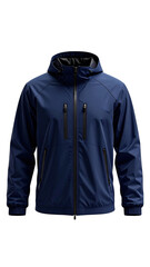 Dark navy blue jacket with a hood.  Zippered front and side pockets.  Durable, water-resistant material