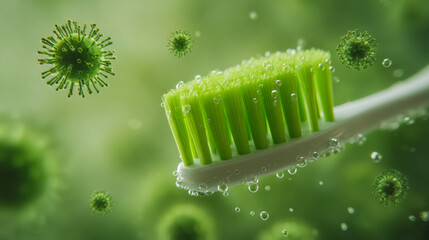 Conceptual green toothbrush surrounded by floating virus-like particles symbolizing oral hygiene and protection against bacteria in a fresh environment