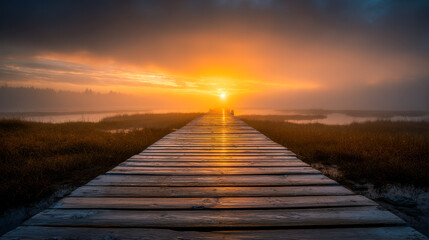 Fototapeta premium Serene wooden walkway extending across wetlands at sunrise, capturing the peaceful transition from night to day with vibrant orange and yellow hues illuminating the sky