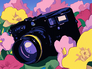 Camera with flowers, concept of love for photography and art