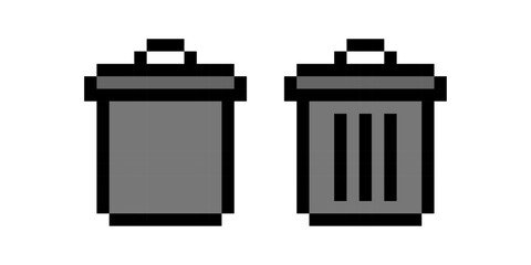 Pixel trash bin icons, rubbish bin pixel art icons, Trash can icons, Dustbin icons, recycle symbols, Pixel art, Vector illustration.