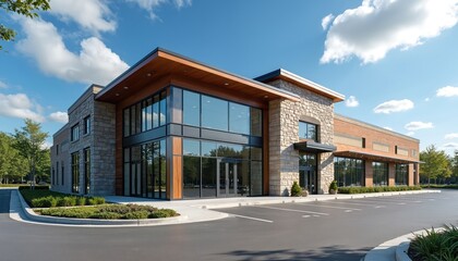 Obraz premium Modern commercial building with stone, brick, concrete facade. Large glass windows offer views into interior spaces. Ample asphalt parking lot with landscaping, trees, clear blue sky overhead.