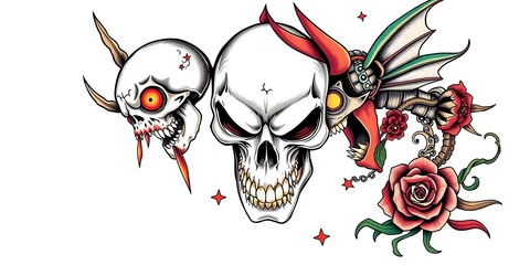 A group of three stylized skulls in a tattoo art style with devil horns, wings, and red roses.