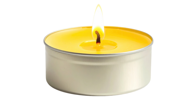 A small, round, yellow candle in a metal tin.  Burning flame