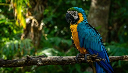 Fototapeta premium Vibrant macaw perched on a branch in a lush jungle