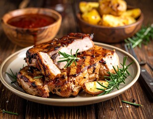 Grilled pork chops with roasted potatoes and sauce