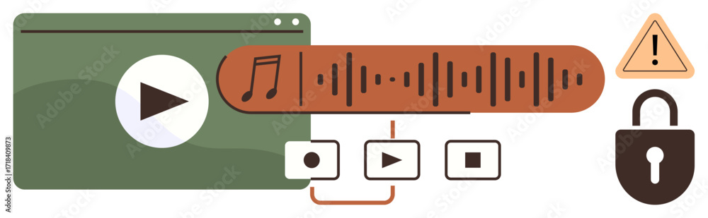 Poster multimedia screen with play button, audio waveform, and control buttons. includes alert symbol and p