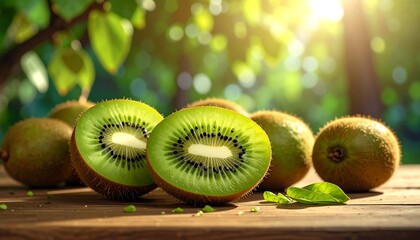 Fresh kiwi halves on rustic wood