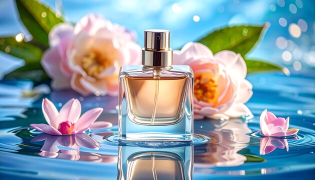 Perfume bottle floats on water, surrounded by flowers