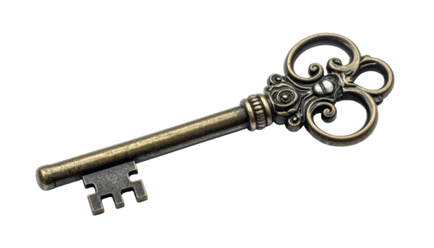 Ornate antique key, copper-toned,  detailed carvings