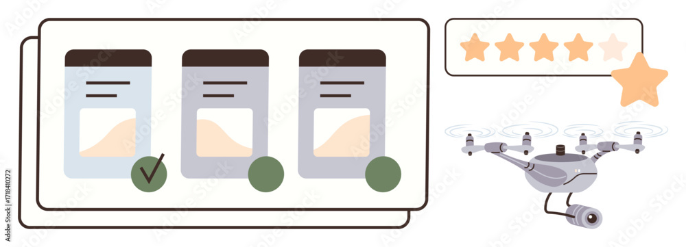 Aufkleber task cards with progress icons, a quadcopter with a camera, and a star rating system. ideal for logi