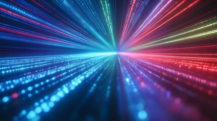 A dynamic, vibrant digital tunnel of radiating light beams, filled with glowing particles, stretching into a bright central point.