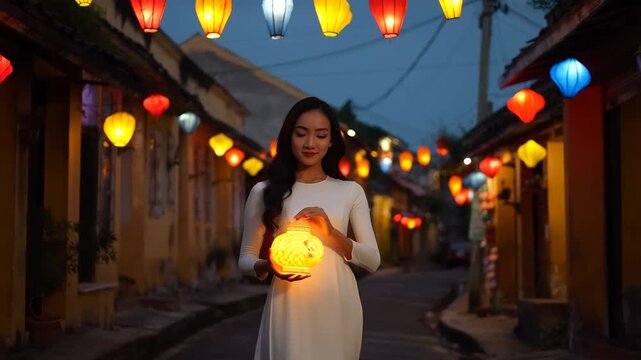 Vietnamese woman in traditional dress holding lantern in hoi an