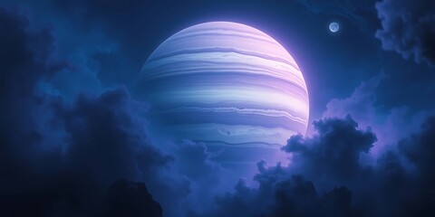 A giant, striped gas planet with its moon is surrounded by clouds, with a dark and magical color palette.