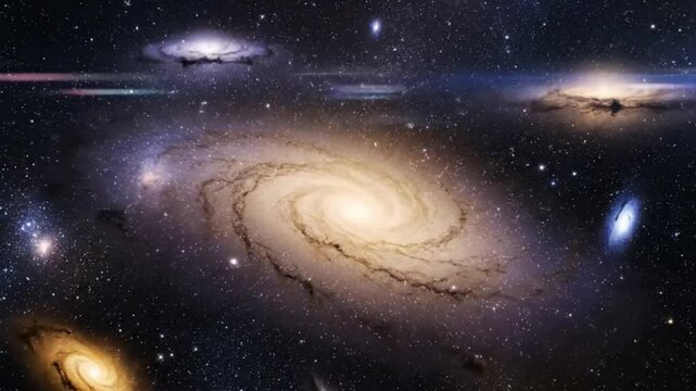 Wide-Angle Aerial View of Endless Cosmic Vista with Spiral Galaxies, Volumetric God-Rays, and HDR Depth