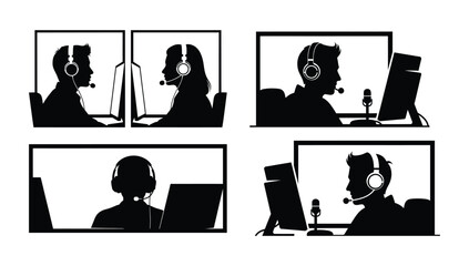 Customer care silhouette bundle with headsets and computer monitors for support services vector bundle