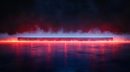 A vibrant neon structure glows against a backdrop of fiery hues and a reflective surface, creating a mesmerizing futuristic scene.