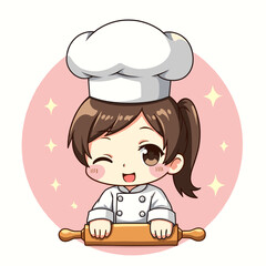 Chibi Baker Rolling Dough with Smiling Face