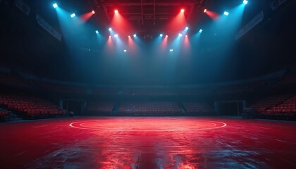 Spotlit wrestling mat in empty arena. Red and blue stage lights illuminate competition space. Red stadium seats surround dark venue. Atmospheric lighting creates dramatic effect for sports event.