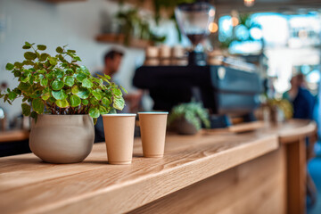 Two disposable cups standing beside a green potted plant on wooden counter at a cozy modern coffee shop with blurred background of baristas and customers