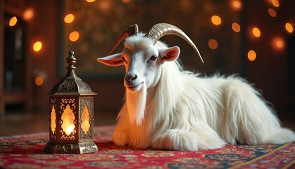 White goat with golden horns rests beside lit ornate lantern on patterned rug. Soft bokeh lights glow in background, suggesting festive religious occasion like Eid al-Adha, feast of sacrifice. Animal
