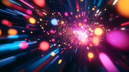 A dynamic, vibrant burst of bright, colorful streaks radiates outward from a central point, creating a striking, fast-paced visual effect.