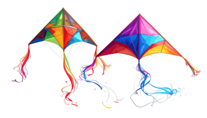 Two colorful kites with vibrant designs,  flying against a black background.  Colorful geometric patterns adorn the kite's surfaces,  and flowing tails in rainbow hues extend from the kites