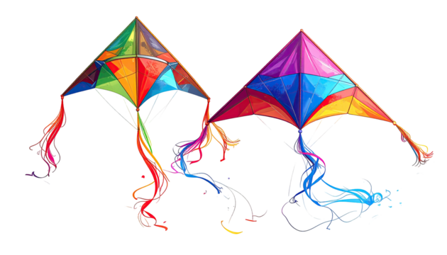 Two colorful kites with vibrant designs,  flying against a black background.  Colorful geometric patterns adorn the kite's surfaces,  and flowing tails in rainbow hues extend from the kites