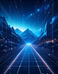 Futuristic digital road through mountains