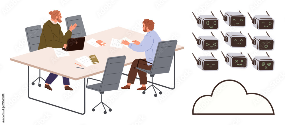 Poster two men strategizing at a meeting table with a laptop, documents, and devices. series of ai robots e