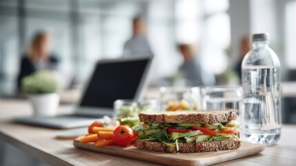 Fototapeta premium Healthy Office Lunch: Vegetarian Sandwich, Water, and Vegetables