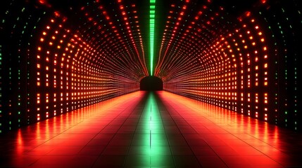 A vibrant tunnel, illuminated by a network of red and green LED lights, creates a captivating and futuristic atmosphere.
