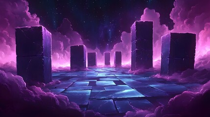 A long, paved walkway lined with imposing, dark blocks extends into a vast, purple-hued, cloudy sky filled with stars.