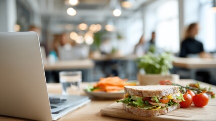 Fototapeta premium Lunch Break at the Office: Sandwich, Laptop, and Coworkers
