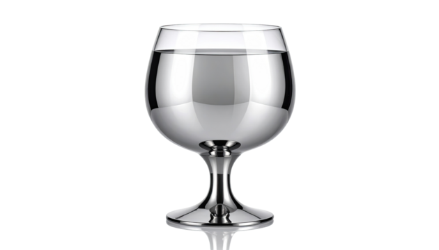 Clear glass goblet, full of water, reflective surface