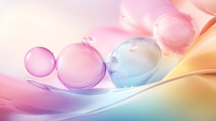 A vibrant display of smooth, flowing colors featuring translucent bubbles in various shades of pink, blue, and pastel yellow.
