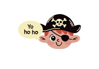 A cute cartoon pirate boy wearing a skull and crossbones hat and an eye patch, saying “Yo ho ho”. The playful design is perfect for children’s illustrations, themed parties, or pirate adventures.