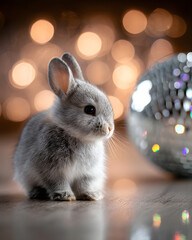 A fluffy rabbit sits beside a shimmering disco ball, evoking joy and wonder.