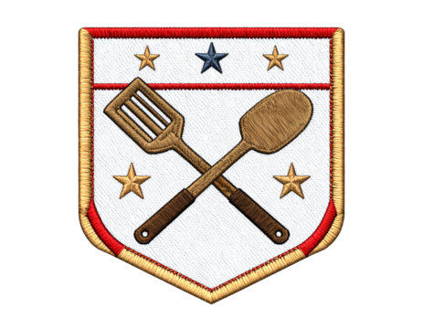 Embroidered shield patch, featuring crossed cooking utensils, stars, and stripes