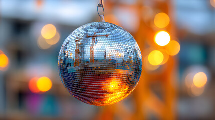 A mesmerizing disco ball sparkles above a lively dance floor, radiating joy and nostalgia.
