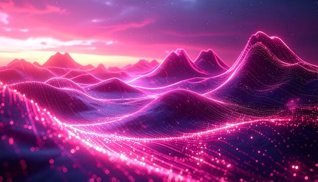 Digital landscape with vibrant pink lines and particles