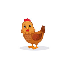 Cartoon chicken. Cute hen isolated on white. Bird for Easter, decor, invitation, cards, food packaging cover design, advertising banner, postcard. Chick in flat style. Vector illustration  